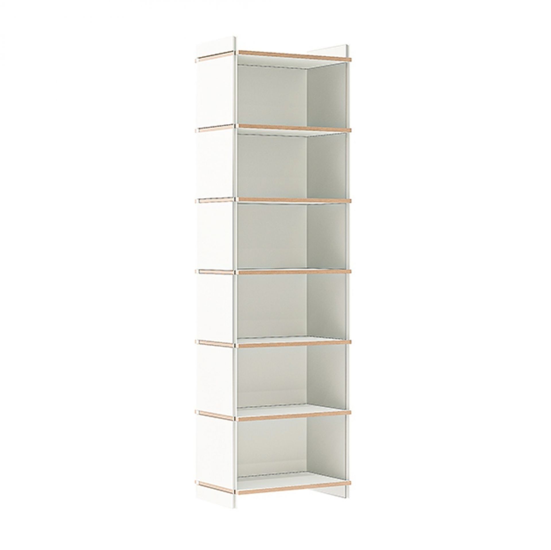 Weißes Tojo Mehrfach Regal Grundmodul mit sechs Fächern und Holzdetails für flexible Aufbewahrung.